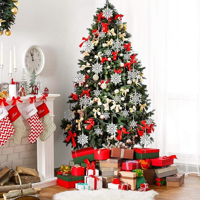 Whaline 40Pcs White Glitter Snowflake Winter Snowflake Ornaments Christmas Hanging Decorations with 197 Inches Silver Rope for Wedding Birthday Home Xmas Tree Window Door Accessories