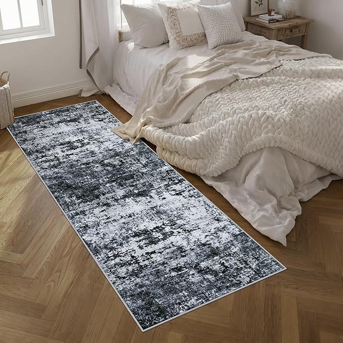 Washable Area Rug 3x10 Entryway Rug: Washable Modern Abstract Soft Thin Rug Indoor Floor No Slip Stain Resistant Carpet for Bedroom Dining Room Farmhouse Nursery Home Office - Black