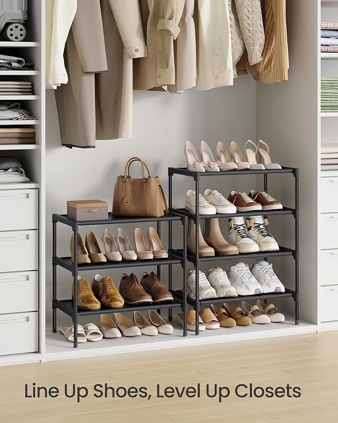 SONGMICS Shoe Rack, 4-Tier Shoe Storage Organizer, Space-Saving, 11.7 x 16.5 x 26 Inches, Entryway, Metal Frame, Non-Woven Fabric Shelves, Ink Black ULSH014BH01