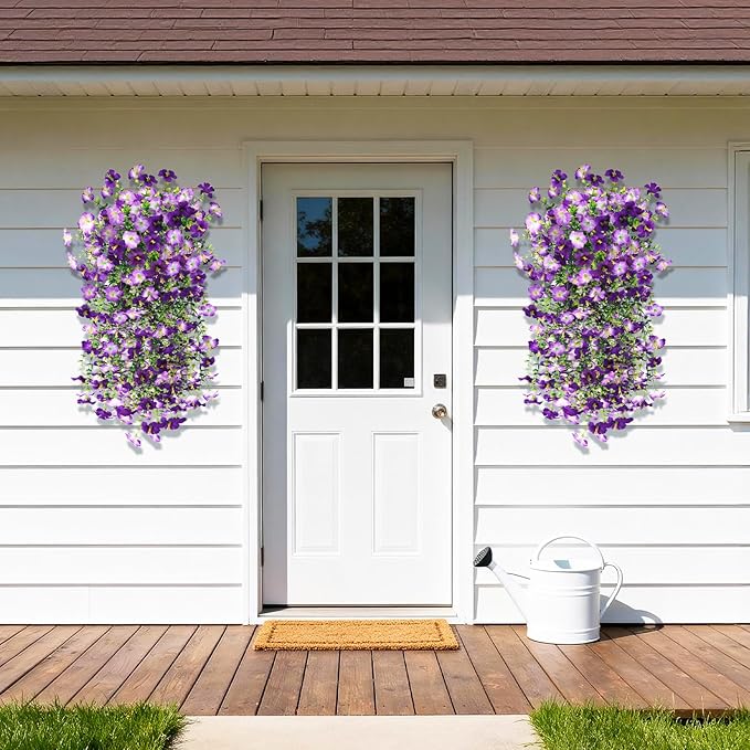 Artificial Fake Hanging Flowers Plants for Outdoor Spring Decoration,2 PCS Faux Silk Morning Glory with Eucalyptus Leaves,UV Resistant Realistic Trailing Vines for Balcony Porch Patio Yard Garden