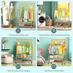 Double Rods Clothes Rack for Hanging Clothes, Heavy Duty Rolling Clothing Rack with Wheels, Freestanding Garment Racks with Oxford Bottom Shelf and Mesh Bottom Shelf for Bedroom Laundry Living Room