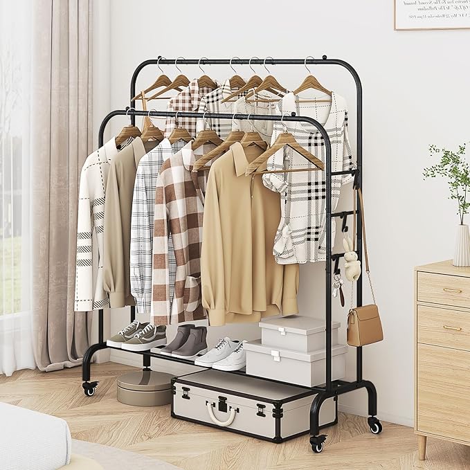 SUOERNUO Garment Rack with Wheels Clothing Rack for Hanging Clothes Multi-functional Bedroom Clothes Rack，Black+Double RodsBlack