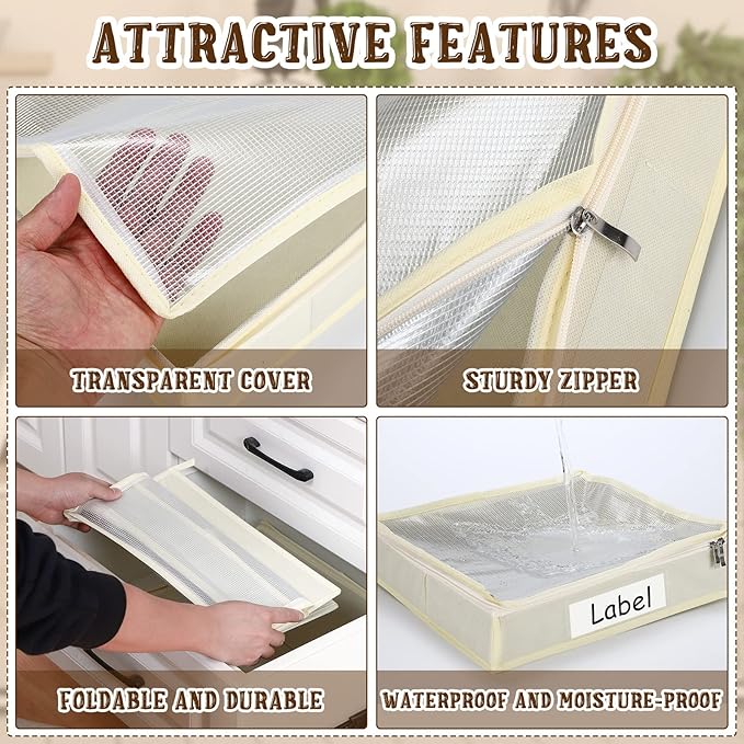 Panelee 6 Pcs 14 x 12 x 3 Inch Sweater Storage Bags Easy Gliding Zippered Sweater Package Organizer Closets Under The Bed Zippered Storage Bags with Label Pocket to Avoid Dust Dirt(Beige)