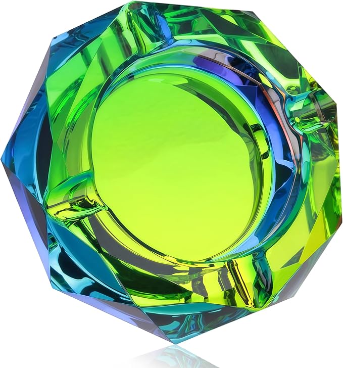 Coomin 5.9in Large Crystal Glass Ash Tray, Sparkly Cigarettes Cigar Ashtray, Ashtrays for Smokers Indoor Women Home Desktop Tabletop, Gifts for Men Women, Green