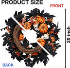 Sggvecsy Halloween Wreath with Artificial Pumpkin Handmade Black Maple Leave Skull Pumpkin Orange Berries 20''Front Door Decorations for Indoor Outdoor Home Halloween Festival Decoration