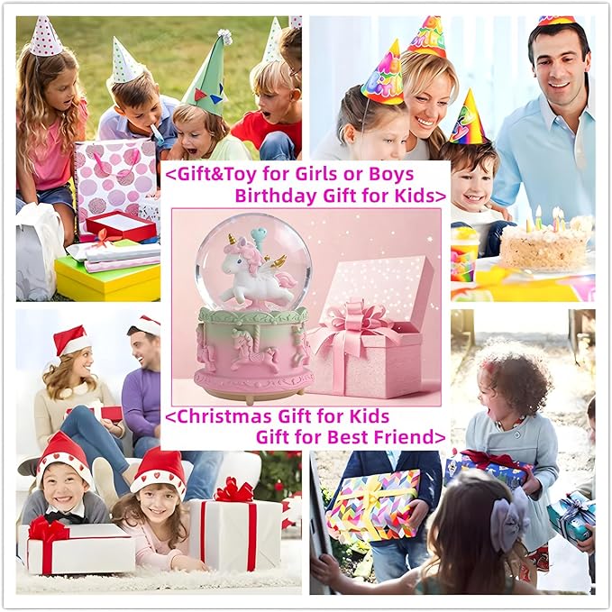 Snow Globes,Pink Unicorn Music Snowglobes with LED Lights and Automatic Snowfall,Music Box Gifts for Girl,Home Decor Glass Ball for Kids Room Birthday for 5-18 Year Old Girl (4.7x3.2IN