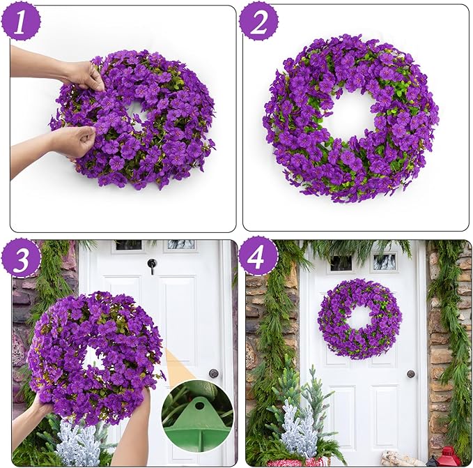 20 Inch Spring Summer Floral Wreath, Violet Artificial Silk Flowers with Green Eucalyptus Leaves, Farmhouse Faux Greenery Wreath for Front Door Outdoor Wall Wedding Home Decor