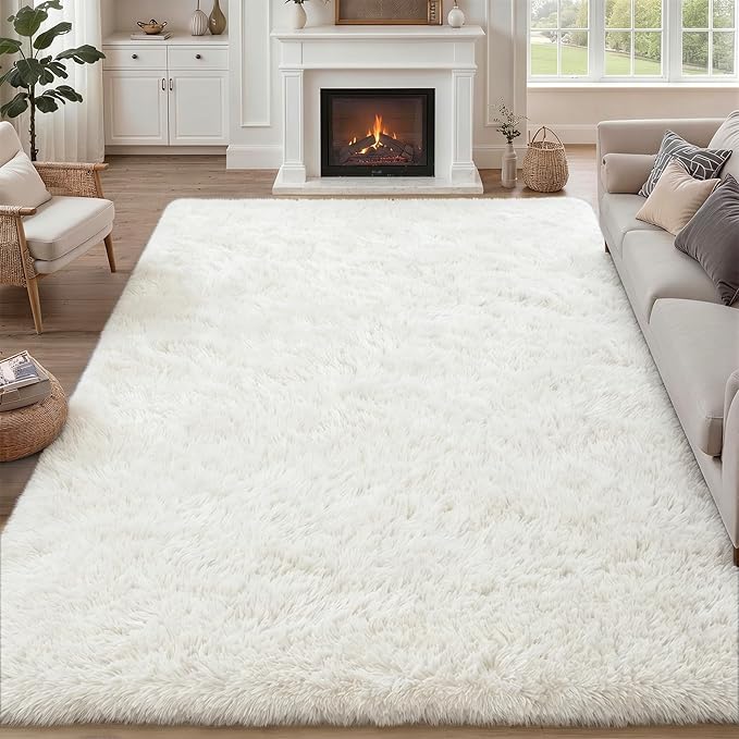 8x10 Area Rugs for Living Room Bedroom: Ultra Soft Fluffy Shag Rug Upgrade Non-Slip Non-Shedding Large Fuzzy Plush Carpet Indoor Floor Carpets for Kids Room Playroom Nursery Dorms Home Decor Ivory