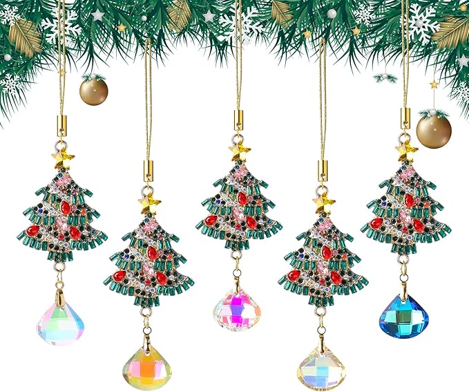 5Pcs Hanging Christmas Ornaments Christmas Tree Crystal Drop Pendant for Thanksgiving Xmas Wedding Party Gifts Crystal Suncatchers Indoor Home Decor