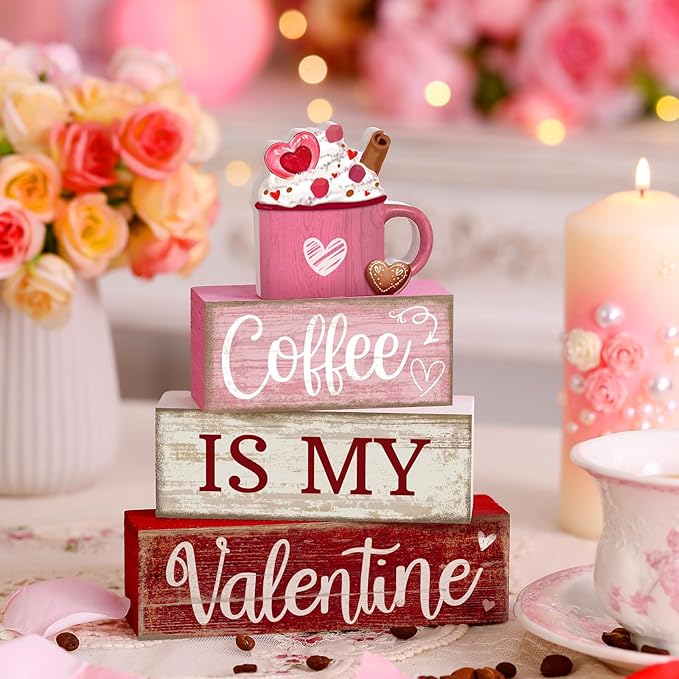 Lineshading 4 Pcs Valentine's Day Table Decor Wooden Cocoa Decoration Centerpiece Pink Heart Tiered Tray Decor Love Block Signs Gift Farmhouse Decoration for Valentine's Day Home Kitchen