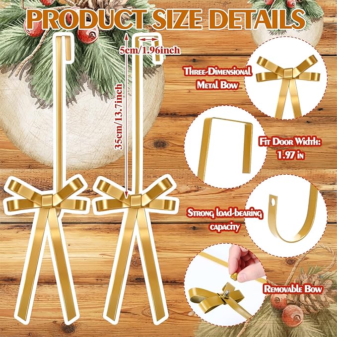 2 Pack Christmas Wreath Hangers for Front Door Christmas Decoration Metal Bow Door Wreath Hanger Front Gold Bow Garland Hooks Hanging Welcome Sign for Xmas Halloween Fall Decorations