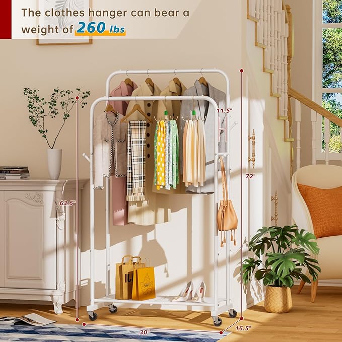 Clothes Garment Coat Rack Drying Clothing Racks Metal Freestanding for Hanging Clothes Portable Closet for Laundry Bedroom White