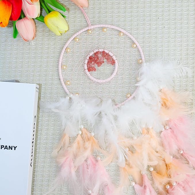 Dream Catchers, Handmade Dreamcatcher Aesthetic Room Decor, Sweet Dream Catcher Wall Decor for Bedroom, Living Room, Office (Pink)