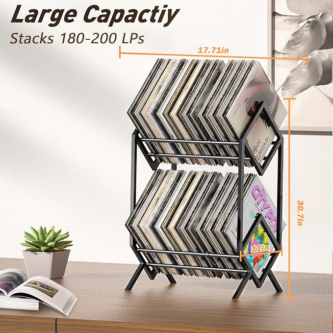 RUILALIFE 2-Tier-Vinyl-Record-Storage-Holder With Dividers, 200 LPs Albums Storage Rack Shelf, Steel Music Records Display Shelf Organizer For Book, Magazine, Files