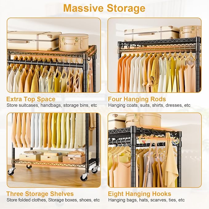 P5 Rolling Clothes Rack Heavy Duty, Clothing Racks for Hanging Clothes, Metal Garment Rack with Wheels, 3-Tier Portable Closet Rack 39.4'' W × 20.5'' D × 80.5'' H, Max Load 650 Lbs, Black
