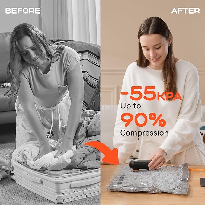 Vacuum Bags for Clothing with 55kPa Air Pump, 10 Pack Vacuum Seal Bags for Travel, Space Saver Bags for Luggage and Suitcases, Carry-on Size Compression Packing Bags