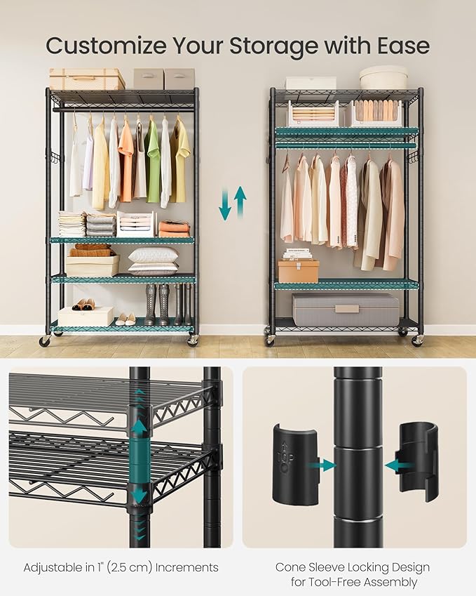 SONGMICS Heavy-Duty Rolling Clothes Rack, Garment Rack, Portable Closet on Wheels, with Adjustable Mesh Shelves and Hanging Rails, Hooks, 15.8 x 35.4 x 78.3 Inches, Ink Black ULGR418BH01