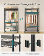 SONGMICS Heavy-Duty Rolling Clothes Rack, Garment Rack, Portable Closet on Wheels, with Adjustable Mesh Shelves and Hanging Rails, Hooks, 15.8 x 35.4 x 78.3 Inches, Ink Black ULGR418BH01