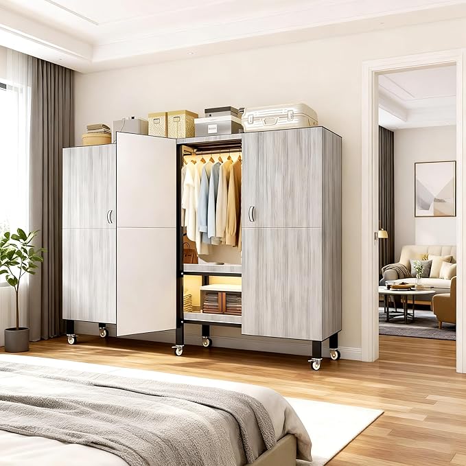 Heavy Duty Portable Closet with Cover Magnetic Doors, Metal Rolling Clothes Rack Heavy Duty 1500LBS, Foldable Clothing Rack, Garment Racks for Bedroom/ LivingRoom/ Rental (KT Woodgrain Gray, 74.8in)