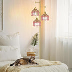 QIYIZM Pink Floor Lamp for Living Room,Bedroom,Gold Mid Century Modern Standing Lamp Brass Tree 3 Light Tall Floor Lamps Vintage Retro Floor Lights Glass Flower Lamp Shade Girls Kids Boho Bohemian