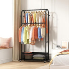 MOYIPIN Double Rods Clothing Rack with Wheels,Clothing Organizer for Hanging Clothes Coat Scarves Bags,Multi-functional Bedroom Garment Rack,4 Hooks,Black