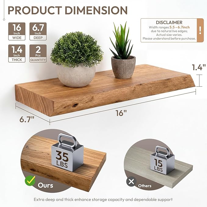 Marsmiles 16 inch Floating Shelves for Wall Elm Wood Live Edge Shelves|Rustic Wooden Wall Shelves with Invisible Bracket for Bathroom Living Room Kitchen|Natural, 2 Pack