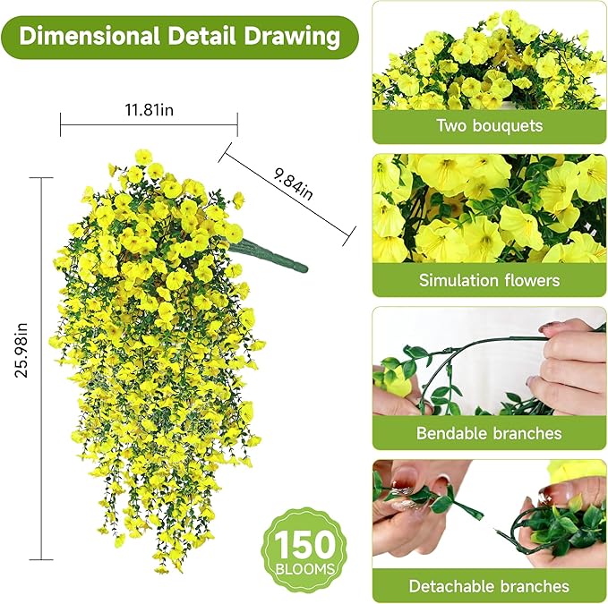 Artificial Hanging Flowers for Outdoors, 2 PCS UV Resistant Faux Silk 150 Morning Glory Each Trailing Vines, Fake Plants for Spring Outdoor Garden Planter Porch Patio Decoration, Yellow