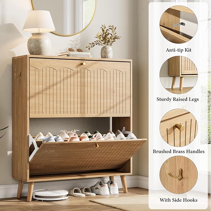 Nicetree Arch-Chic Shoe Cabinet for Entryway, Modern Mid-Century Shoe Storage Cabinet with Fluted, Narrow Shoe Rack for Entryway with Adjustable Shelves & Tipping Protection,Light Oak