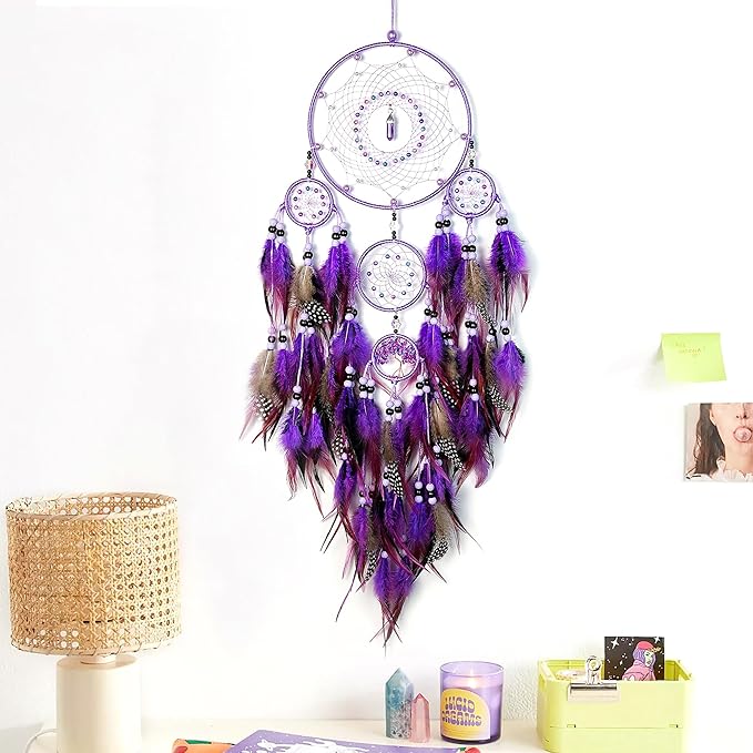 Large Dream Catchers, Boho Handmade Native Macrame Dream Catchers Wall Hanging for Bedroom Living Room Wedding Party Decor, Festival Blessing Gift for Kids Boys Girls (Purple & Black)