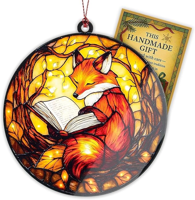 Fox Ornament, Book Lover Gifts for Women, Book Ornament, Christmas Ornaments 2026, Cozy Reading Animal Decor, Literary Gift Idea, Autumn Light Acrylic Suncatcher Ornaments, Unique