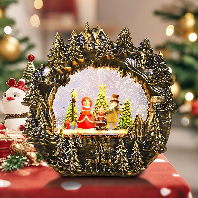 Christmas Snow Globe Lantern Water Glittering Globe with Caroling Family 8 Music Songs & 6H Timer Christmas Snow Globes USB & Battery Operated for Christmas Festival Decorations Gifts (Bridge-Family)