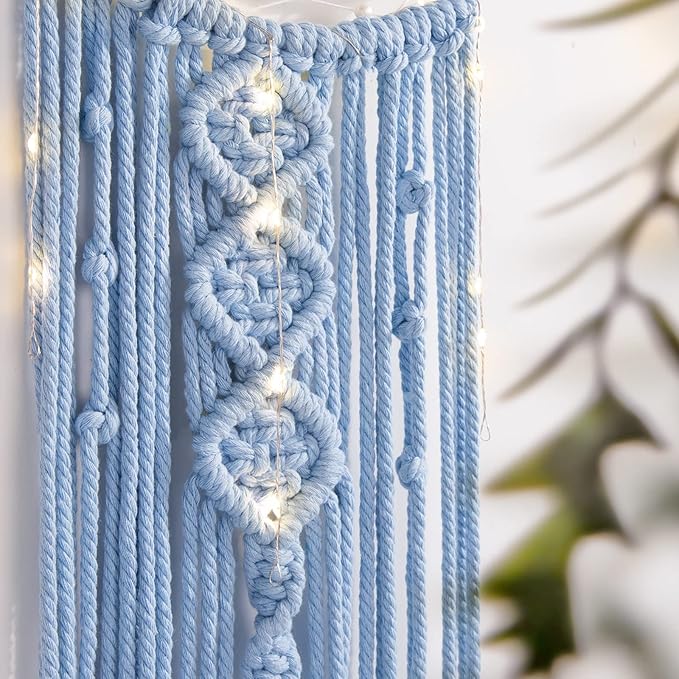 Boho Macrame Woven Wall Hanging, Crochet Crescent Moon Star Dream Catcher with Light- Blue Cotton Handmade Bohemian Home Decor Decoration Art for Kids Bedroom Nursery Dorm Room