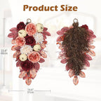 Harvest Teardrop Swag Fall Floral Swag sway with White Pumpkin Chrysanthemum Rose and Eucalyptus Leaves Autumn Teardrop sway for Home Front Door Wall Mantel Window Decor Pink and Burgundy