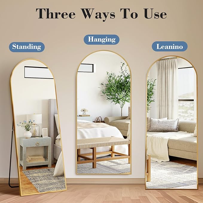 DUMOS 58"x19" Arched Full Length Mirror with Stand, Floor Standing Aluminum Frame, Shatter-Proof Nano Glass for Bedroom, Living Room, Cloakroom – Modern Simple Home Decor,Hanging or Leaning,Gold