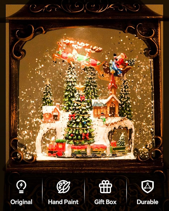 Snow Globe, Santa Snow Globe Christmas Tree, Lighted Musical Decorations Lantern,Village Houses, Train Battery, Reindeer, USB or Battery Operated，Gifts for Men and Kids.