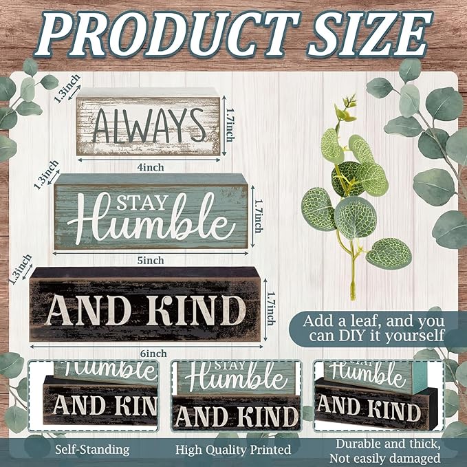 Lineshading 4 Pcs Inspirational Farmhouse Table Decor Always Stay Humble and Kind Stacked Wooden Block Signs with Inspirational Quote Eucalyptus Leaves for Home, Living Room, Shelf Housewarming Gift