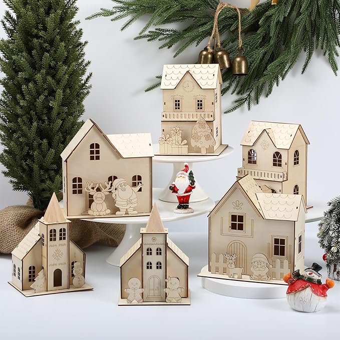 Thyle 6 Set Christmas Wooden House Kit for Craft DIY Christmas Village Unfinished Wooden Gingerbread House Make Your Own 3D Houses Xmas Painting Gift Craft Activity Creative DIY Art Decoration Project