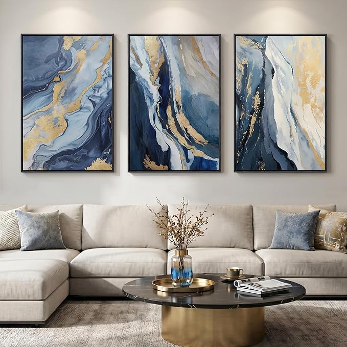 Large Framed Blue and Gold Abstract Wall Art for Living Room, 3 Piece Modern Canvas Prints Paintings Artwork for Walls, Luxury Marble Abstract Pictures for Bedroom Dining Office Wall Decor 24x36 In