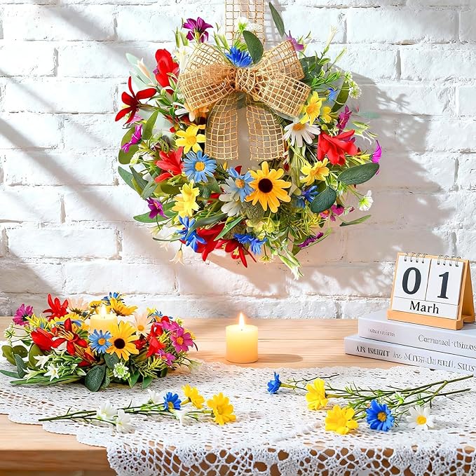 6 PCS Small Spring Floral Kitchen Cabinet Wreath Mini Artificial Sunflowers Daisy Wreath for Front Door with Burlap Ribbon Wide Flower Hanging Farmhouse Wreaths for Porch Wall Window Decor