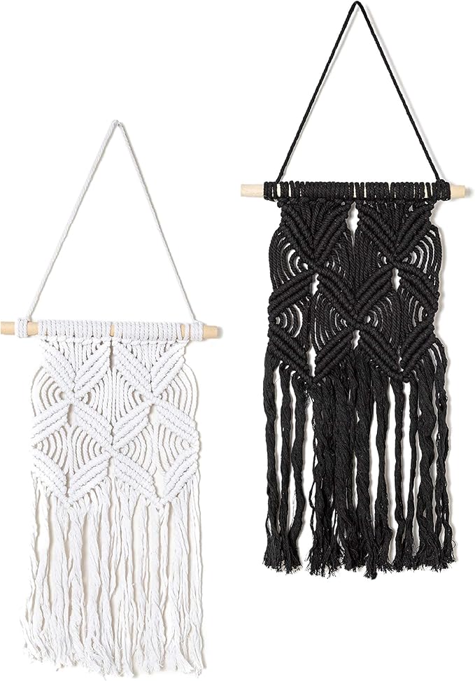 Pack of 2 Woven Macrame Wall Hangings, Handmade Boho Chic Wall Decor Decoration Home Decor Ornament Craft Gift, 18 inch x 10 inch (Black and White)