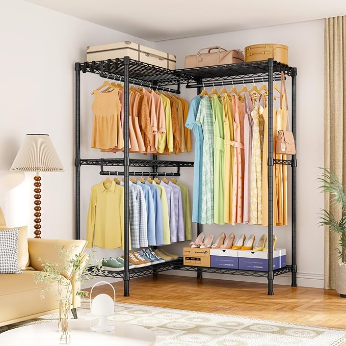 E15 Garment Rack L Shaped Clothes Rack for Corner，Freestanding Clothing Racks for Hanging Clothes，Heavy Duty Closet Organizer with 4 Hanging Rods & 8 S Hooks，43.4" W x 15.8" D x 78.4" H，Black