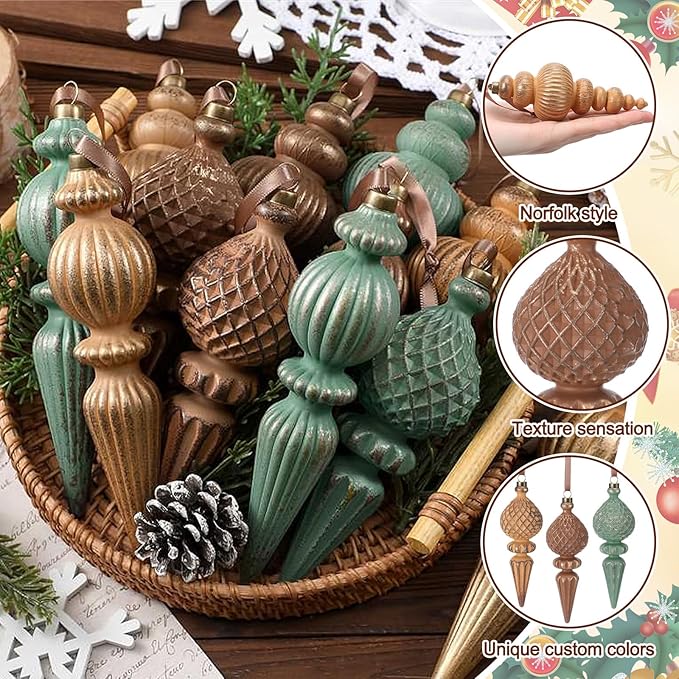 Yunlly 18 Pcs Neutral Christmas Ornaments Textured Christmas Tree Decor with Hanging Loop Matte Shatterproof Hanging Finial Ornaments Home Decor for Xmas Vintage Rustic Farmhouse (Nostalgic Color)