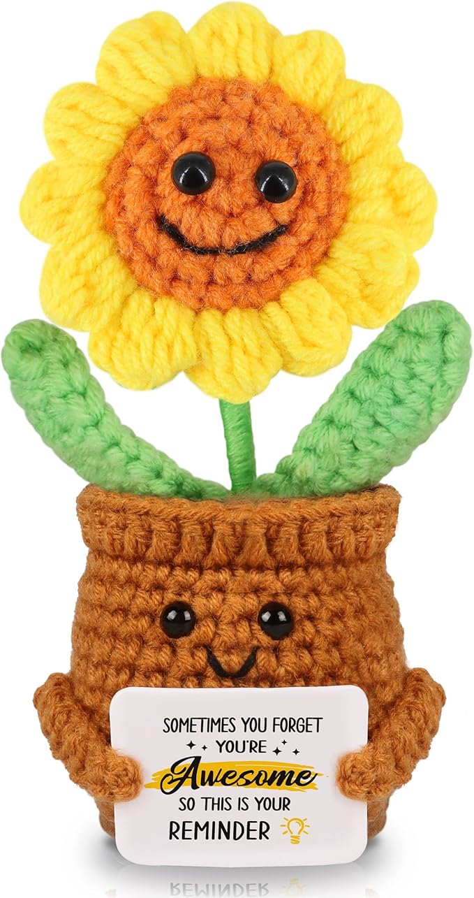 WenmthG Mini Positive Crochet Sunflower Doll - Funny Handmade Knitting Doll Birthday Emotional Inspirational Cheer Support Ideas Gifts for Women Girls Coworker Thank You Gifts
