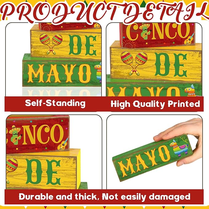 Yuntau 4 Pcs Cinco De Mayo Decorations Wooden Mexican Table Farmhouse Cinco De Mayo Tiered Tray Decor Fiesta Stacked Blocks Tabletop Decorative Book Mexican Centerpieces for Carnival Shelf Home