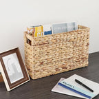 BTSKY Woven Magazine Holder, Water Hyacinth Magazine Basket, Natural Narrow Storage Basket Bin for Books & Files, Magazine Rack with Built-in-Handle for Home, Office & Desk - 15.4x5.5x9.8 Inch
