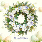 Idyllic 22 Inch Summer Wreaths for Front Door - White Blue Flowers on Green Foliage Base for Seasonal Home Outdoor Decor
