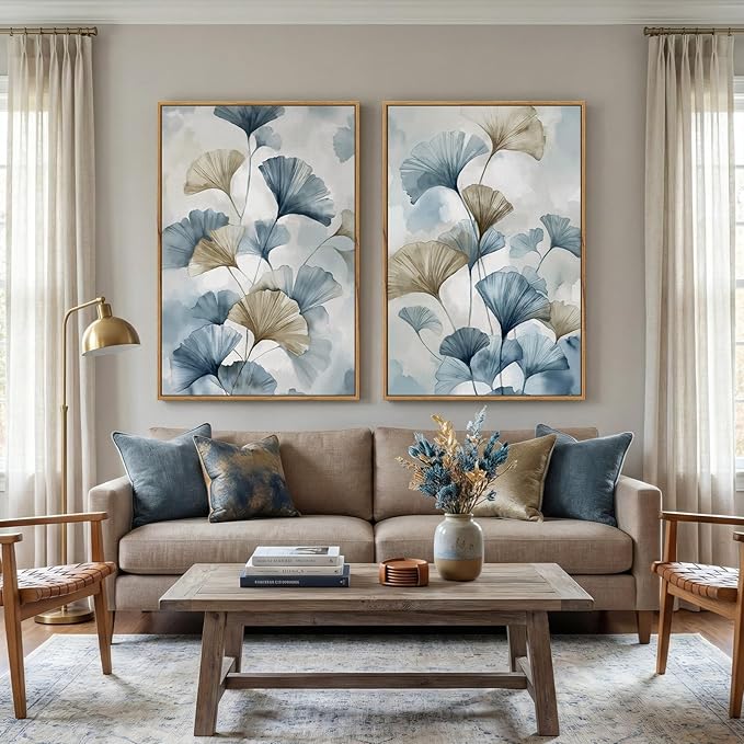Large Framed Blue Botanical Wall Art Set of 2, Neutral Minimalist Canvas Paintings Prints, Watercolor Pastel Pictures Artwork for Modern Farmhouse Living Room Bedroom Kitchen Wall Decor, 24x36 Inch