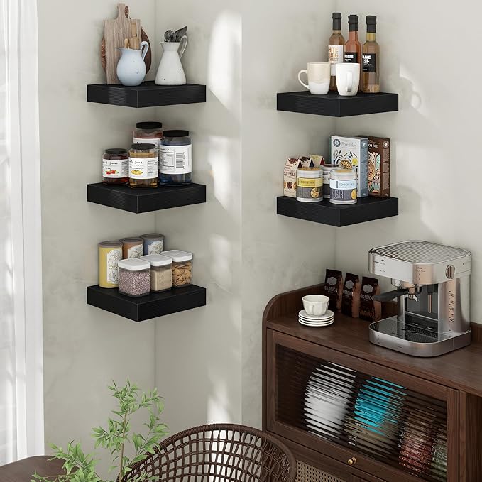Venusmiles Square Floating Shelves for Wall, 12" W x 12" D x 2" H, 2 Pack of Small Wall Mounted Engineered Wood Shelves with Invisible Brackets for Living Room, Bedroom, Bathroom, Kitchen Decor, Black