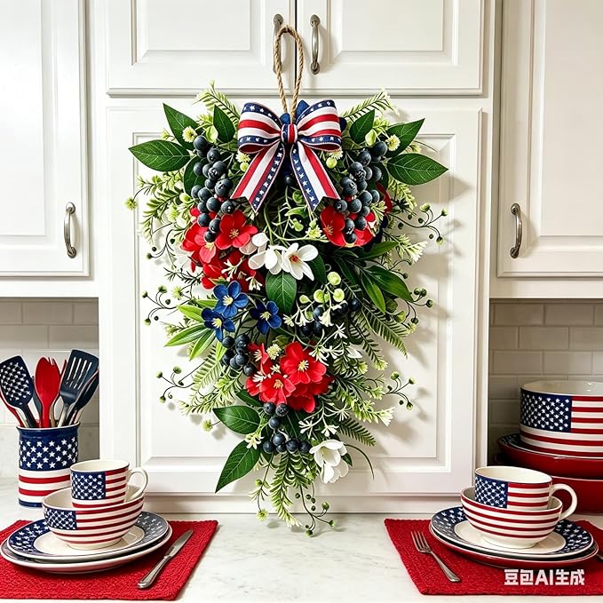 2 Pack 21'' Patriotic Teardrop Swag Wreaths Artificial 4th of July Hanging Swag for Cabinets Red White Blue Floral Navy Blue Berries for Independence Day Memorial Day Front Door Porch Window Wall