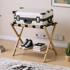 Bamboo Luggage Rack with Shoe Shelf Folding Suitcase Stand with 5 Heavy-Duty Straps for Guest Room Living Room Hotel Ideal Luggage Holder for Suitcases Bags Shoes,Nature